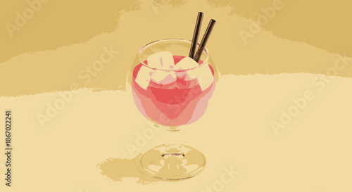 A vibrant red cocktail with ice and straws sits elegantly on a warm, minimalist background, perfect for summer refreshment.