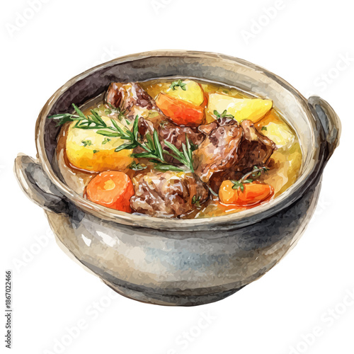Stylized watercolor Lamb Stew vector, modern artistic illustration with high-quality details on a pure white background.