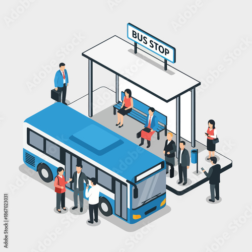 People Waiting at Bus Stop with Bus.