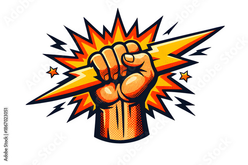 Retro Halftone Illustration of Hand Holding Lightning Bolt in Comic Style