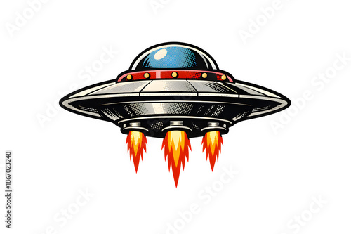 Retro Halftone Illustration of Flying Saucer UFO or Vintage Space Rocket