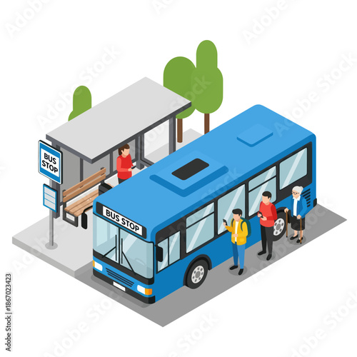 Blue City Bus at Bus Stop Shelter.