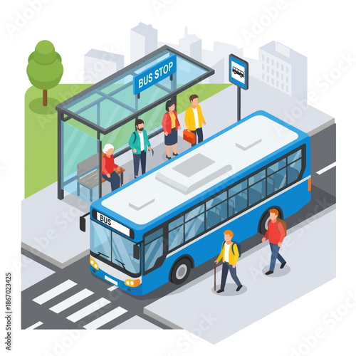 Blue City Bus at Bus Stop Shelter.