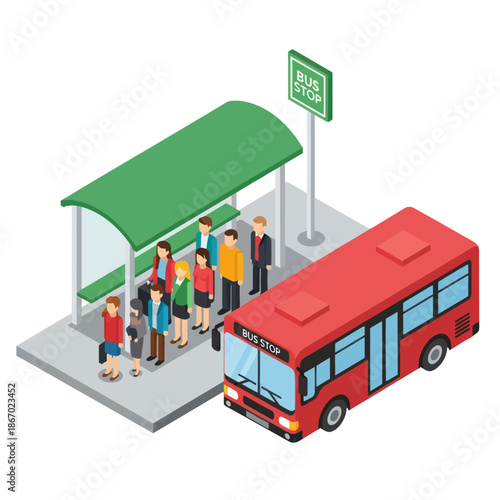 Red Bus at Bus Stop with People.