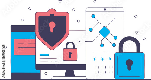 Cybersecurity and digital data protection concept with secure devices and network flat vector illustration