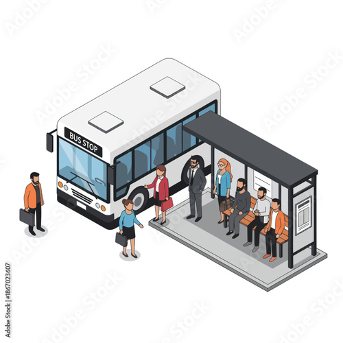 People Waiting at Bus Stop with Bus.