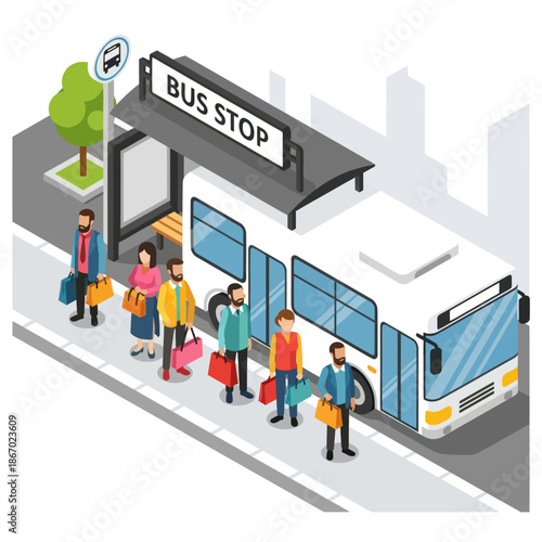 People Waiting at Bus Stop Illustration.