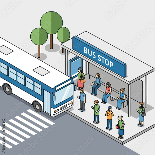 Bus Stop Scene with People Waiting.