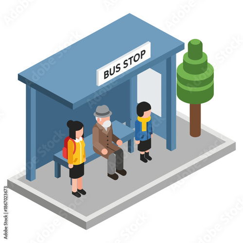 Isometric Bus Stop with People Waiting.