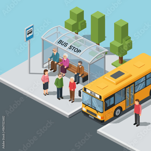 Yellow School Bus at Bus Stop.