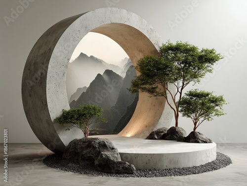Zen-inspired New Chinese Display with Translucent Frame, Misty Mountains and Green Foliage