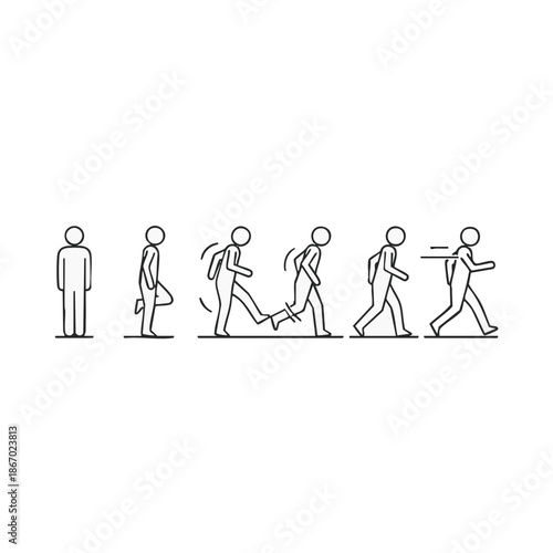 Man walking sequence stride phases stick figure animation.
