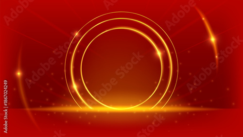 Luxurious abstract red background with glowing golden concentric circles, light rays, and sparkling effects for elegant festive background template