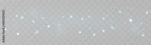 Soft blue dust glows with shimmer and sparkle over glowing bokeh and blur. Twinkling particles, sparks, radiant highlights, and flare enhance Christmas mood. PNG vector illustration.