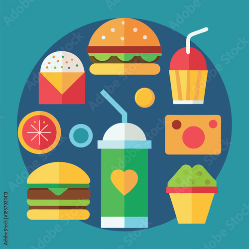 Fast food flat icon set with burger fries drink snacks illustration