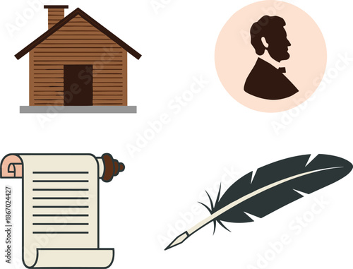 Historic cabin, Abraham Lincoln silhouette, parchment scroll, quill pen