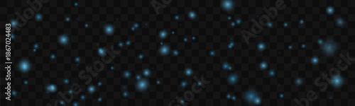 Blue dust particles drift through blurred bokeh with sparkle, glitter, and glow. Sparks, twinkling stardust, highlights, and flare create festive elegance. PNG vector illustration.