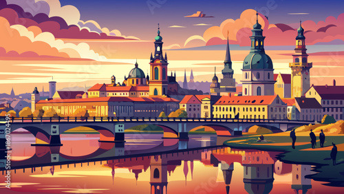 Very beautiful cityscape of Dresden in Germany along the Elbe River, featuring the elegant Augustus Bridge and historic skyline, blending Baroque architecture with calm river reflections at sunset.