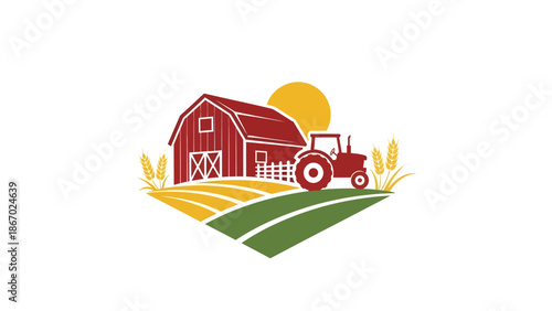 Red Barn and Tractor on a Sunny Farm Landscape.