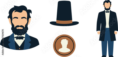 Abraham Lincoln icons and symbols in modern flat design style