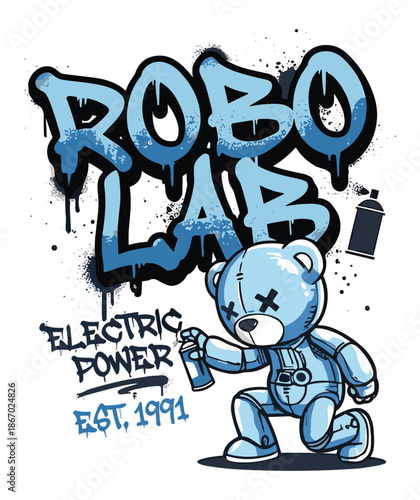 Graffiti-style vector illustration of a blue robotic teddy bear with 'ROBO LAB' text and spray paint elements.