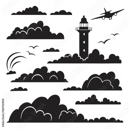 Lighthouse silhouette with clouds and birds