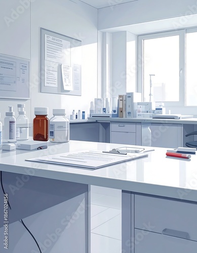 An empty laboratory with a clean white countertop and medications