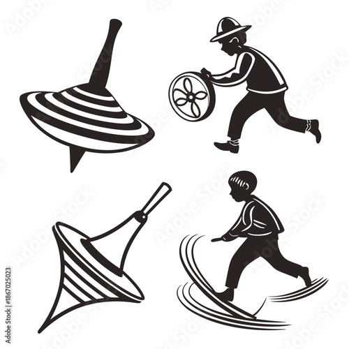 Children playing with spinning tops