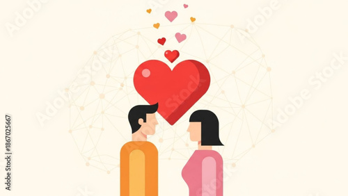 Couple in love red heart and floating hearts flat vector illustration for romance and relationship concepts isolated on light background