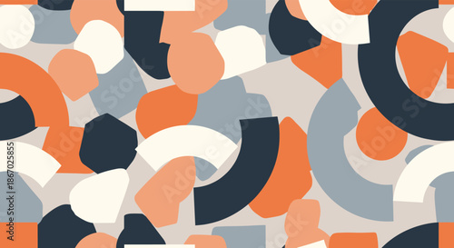 Seamless abstract pattern featuring a collage of organic and geometric shapes in a contemporary color palette of orange and blue.