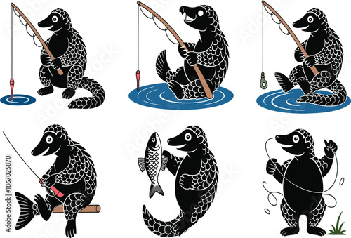 Six cartoon pangolins fishing and holding fish animal