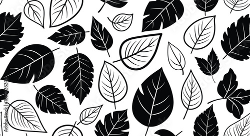 Stylish seamless botanical pattern with a random arrangement of various black silhouette and outlined leaves on a clean white background.