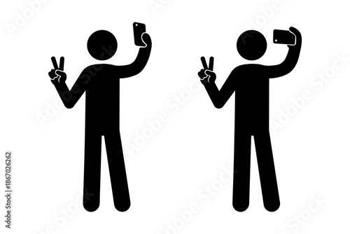 Stick Figure Selfie with Mobile Phone and Peace Sign Vector.