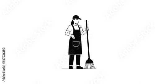 Minimalist black and white line art illustration of a professional female cleaner in an apron and cap, holding a broom, on a white background.