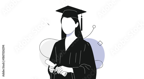 Illustration of a proud female graduate with no face, wearing a cap and gown and holding a diploma, with abstract shapes in the background.
