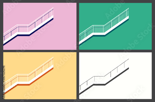 Vector illustration of a stair case stepping up from a side view with railing and fence and shadow with example colour combination and background.