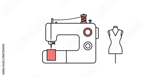 Simple line art illustration of a sewing machine with thread and a dress form mannequin, representing fashion design and tailoring.