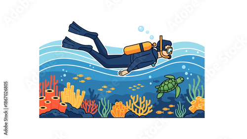 Scuba Diver Exploring Vibrant Underwater Coral Reef with Marine Life.