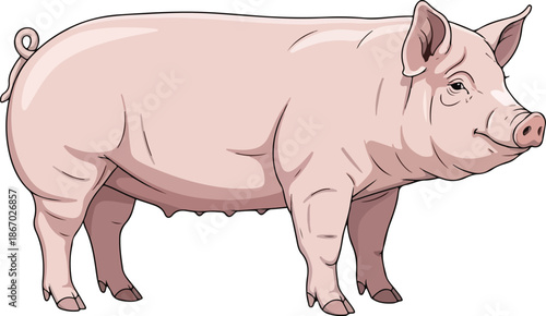 Cartoon pig in full body, standing on a white background, a common farm animal, illustration