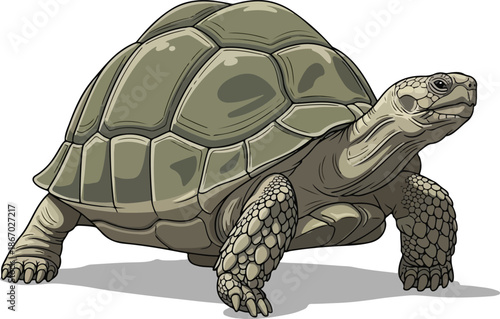 Detailed Illustration of a Large, Walking Tortoise on a White Background