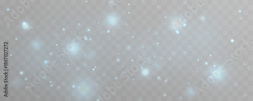Cool blue dust sparkles with glitter, shimmer, glow across soft bokeh blur. Sparks, twinkling particles, luminous highlights, flare form magical festive Christmas and New Year light. PNG vector.