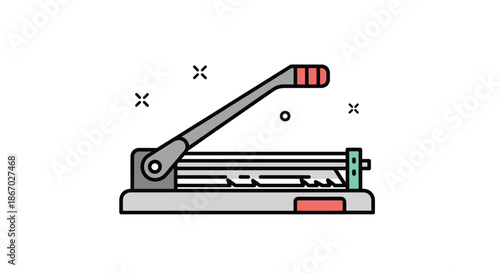 Colorful illustration of a manual paper cutter or guillotine, a common piece of office and craft equipment, on a white background.