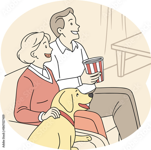 Happy couple enjoys a cozy movie night at home with their beloved pet dog and popcorn
