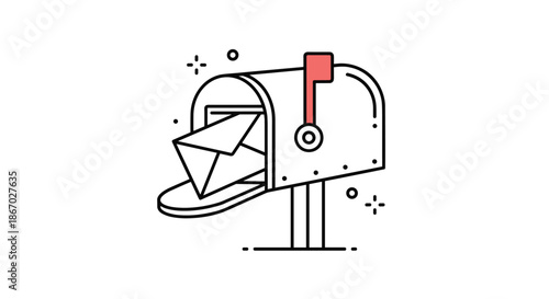 Line art illustration of a classic metal mailbox with an open door, an envelope inside, and a raised red flag on a white background.