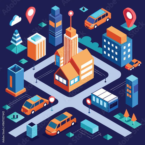 Isometric city illustration with buildings cars roads and navigation pins