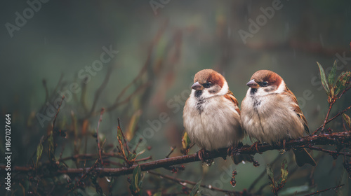 Sparrow pair small bird bird branch rain nature wet feather wildlife outdoor peaceful sparrow pair perched wet branch gentle rain soft nature light