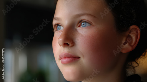 Girl blue eye portrait soft light closeup contemplation serene hope youth natural beauty Soft light portrait of girl with blue eye serene