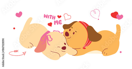 Valentine dog couple vector illustration with with me message, hearts and cute pose. Cute hand drawn design for greeting cards, stickers and posters.