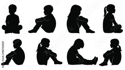 Diverse group of children in various seated poses a black silhouette