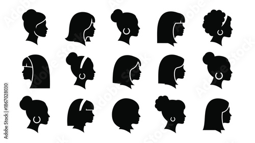 Diverse collection of female profile views in a striking black silhouette